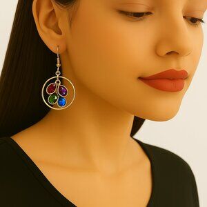 Gold Multicolor Heart Gem Drop Earrings – Dangle Hoop Statement Women's Jewelry